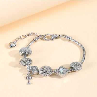 Adjustable Heart Key Bead Bracelet DIY Alloy Charm with Sparkling Rhinestone Jewelry