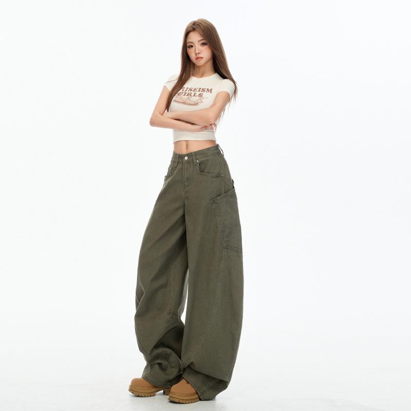 Autumn Khaki Scimitar High-Street Drapey Wide-Leg Jeans for Women