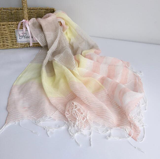 Japanese Design Spring And Summer Thin Light Breathable Linen Scarf Elegant Bright Color Striped Scarves 55*180Cm