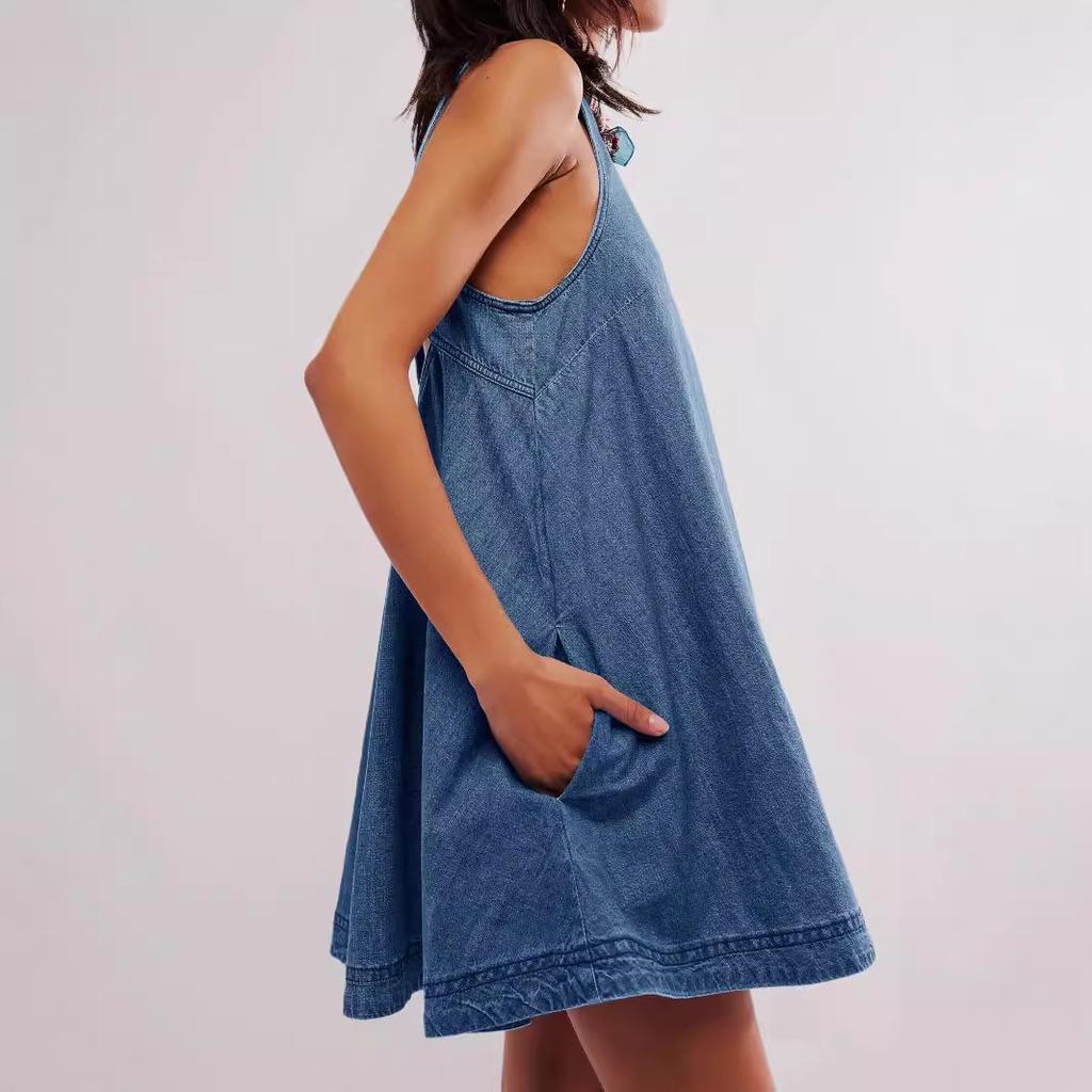 Backless Dress 2025 Denim Dress Women's Summer New Casual Sleeveless Halter Short Skirt A-line Skirt