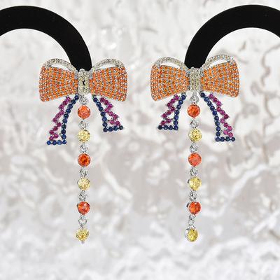 French Design Earrings Light Luxury Fashion Earrings Color Zircon Bow Fringed Earrings