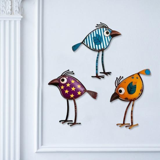 3Pcs Wooden Birds Wall Art Decor, Colorful Bird Wall Hangings, Funny Bird Wall Sculpture with Polka Dot Star Pattern Leaf Design for Farmhouse
