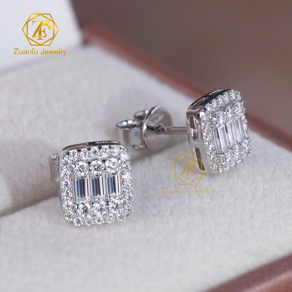 Women Luxury Gold Plated 925 Sterling Silver Iced Out Baguette VVS Moissanite Halo Stud Earrings for Men Hip Hop Diamond Studs