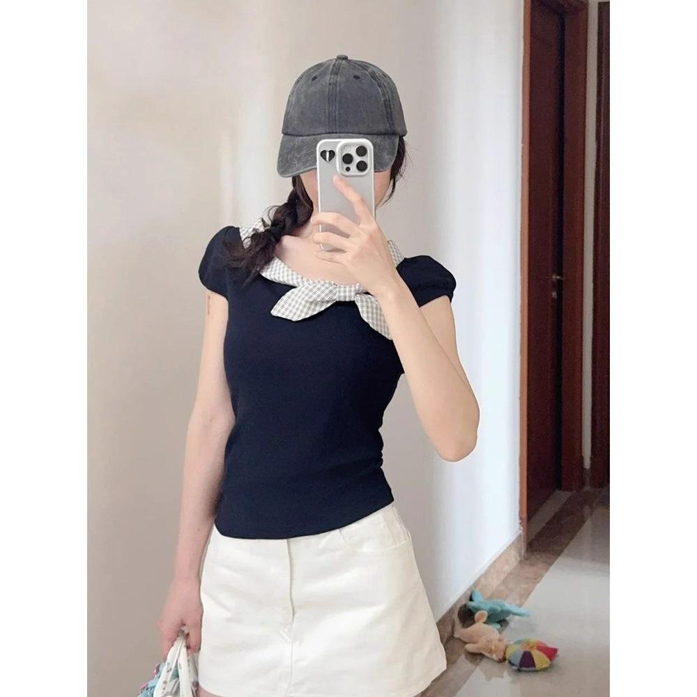 Korean Style Plaid Bow Patchwork T-shirt - Summer 2025 Casual Short Sleeve Top