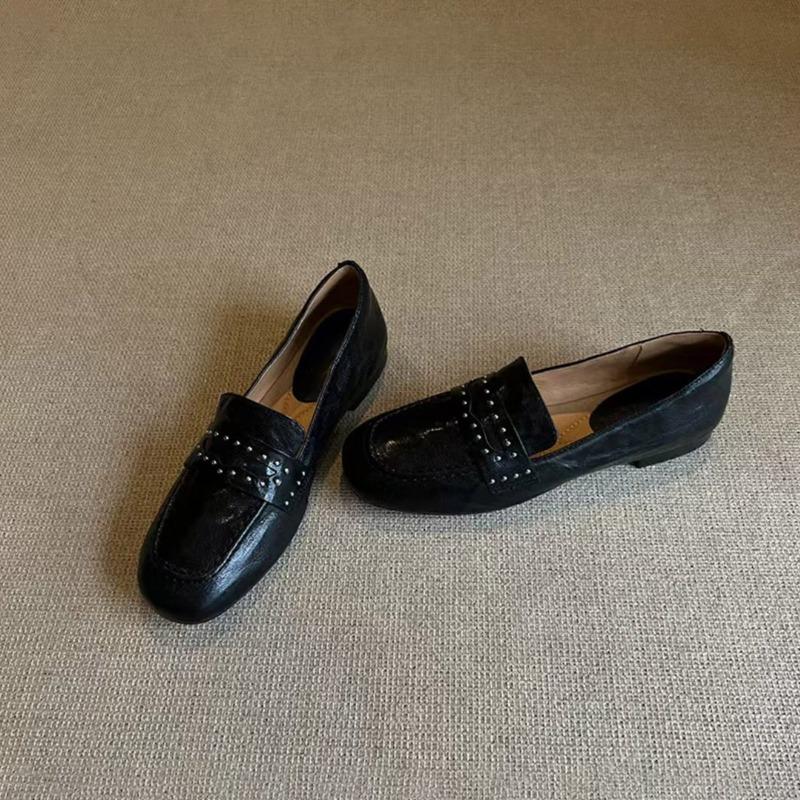 

Sheepskin version~ Rivet women s small leather shoes, one-pedal lazy shoes, genuine leather commuter flat shoes 39