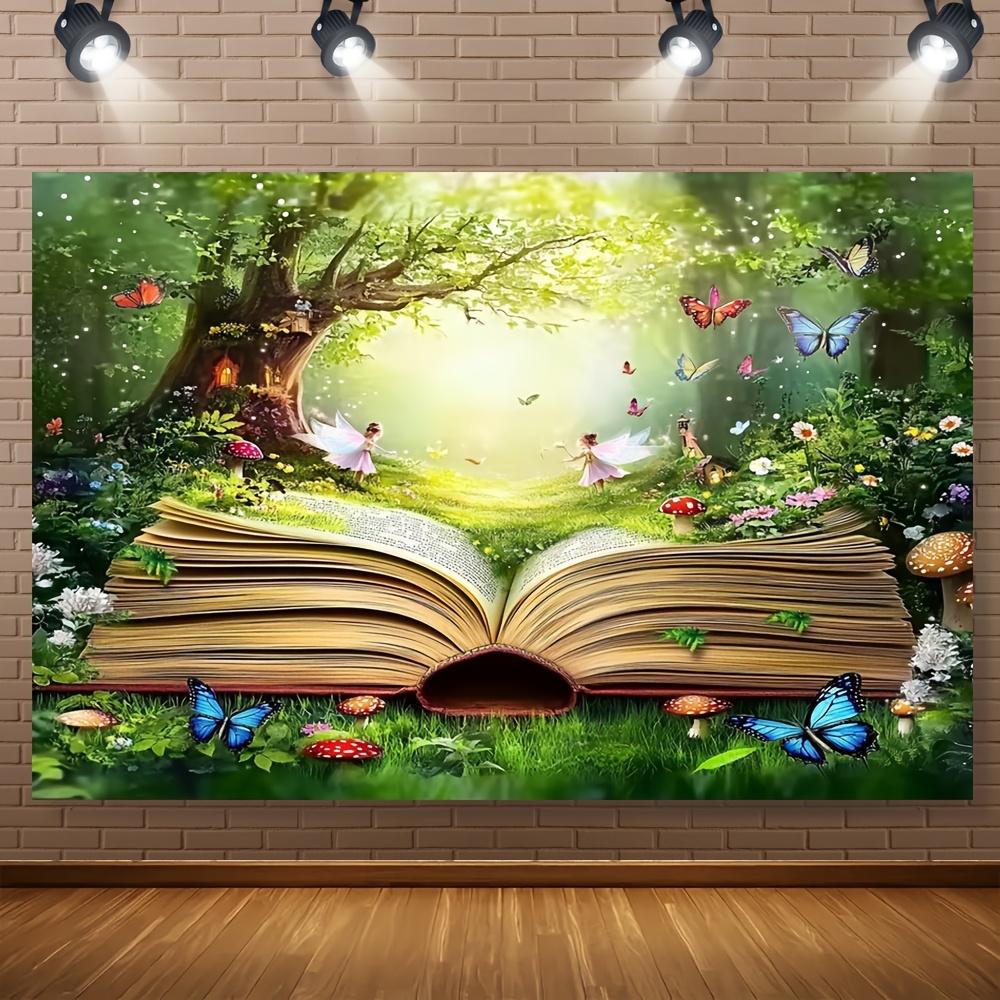 1 piece of "Fantasy Fairyland" background fabric - Tropical Garden, Butterflies, Green Forest, Spring Theme