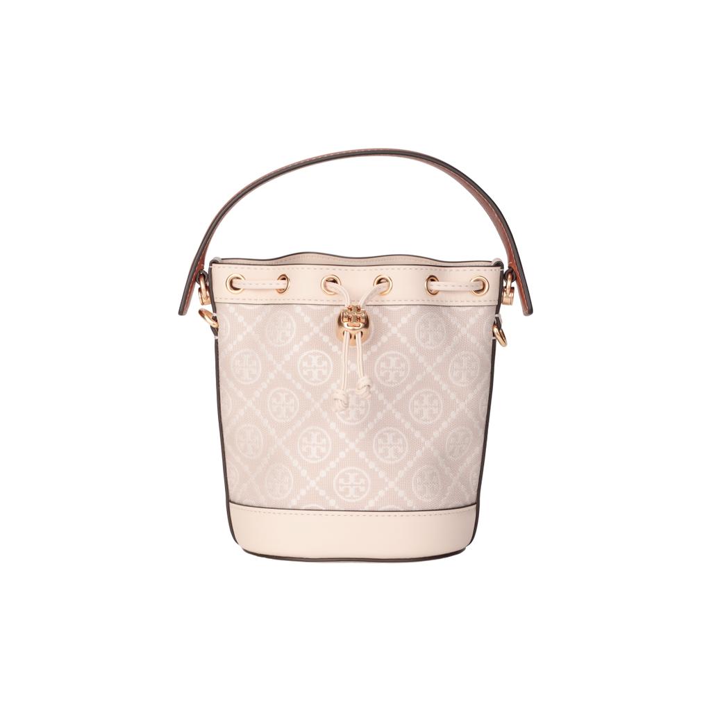 Tory Burch T Monogram All Over Print Drawstring Jacquard Fabric Leather Trim Bucket Bag Mini Women Bags Ivory 80534-254