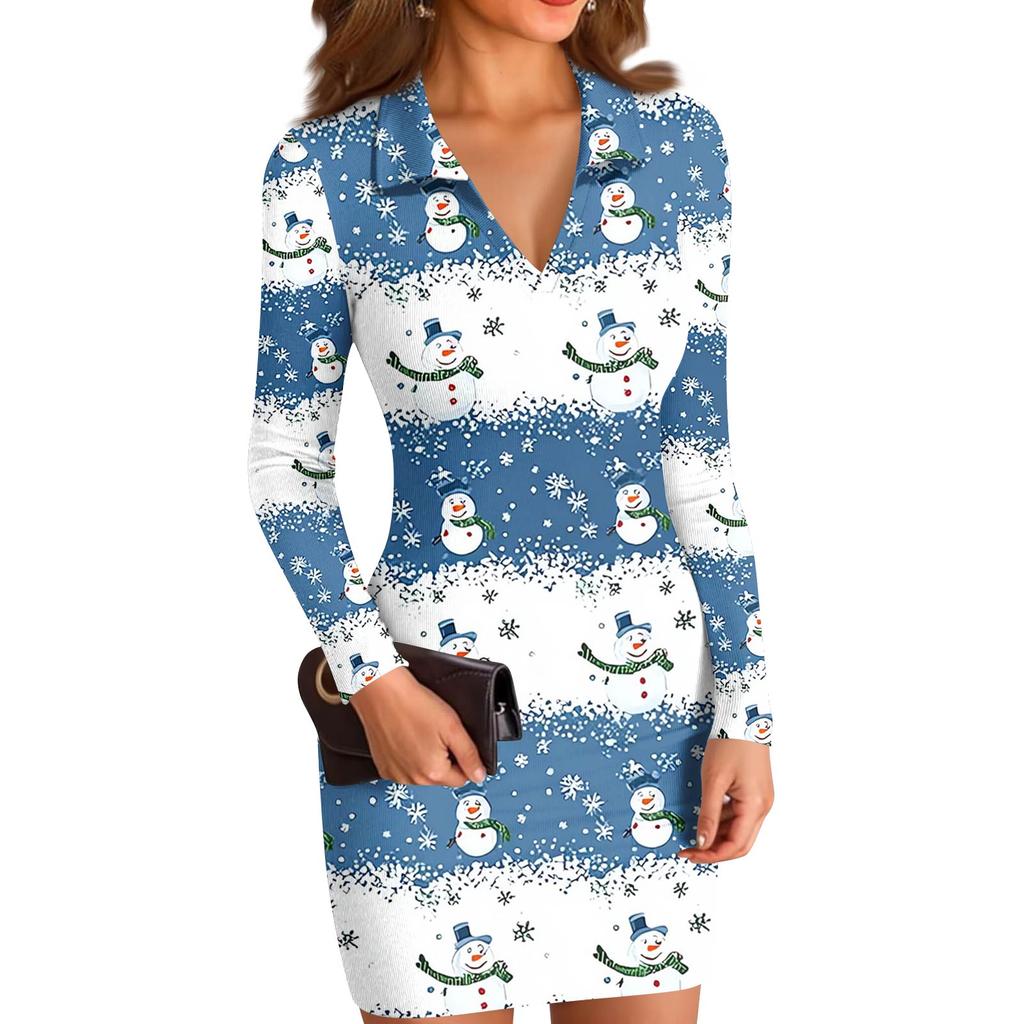 Women's V-neck Casual Print Long-sleeved Fitted Dress