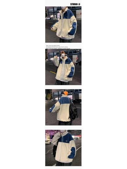 Men's Trendy Colorblock Fleece Jacket - Winter Lambswool with Stand Collar, Thick Cotton-Padded, Loose Fit, Plus Size.