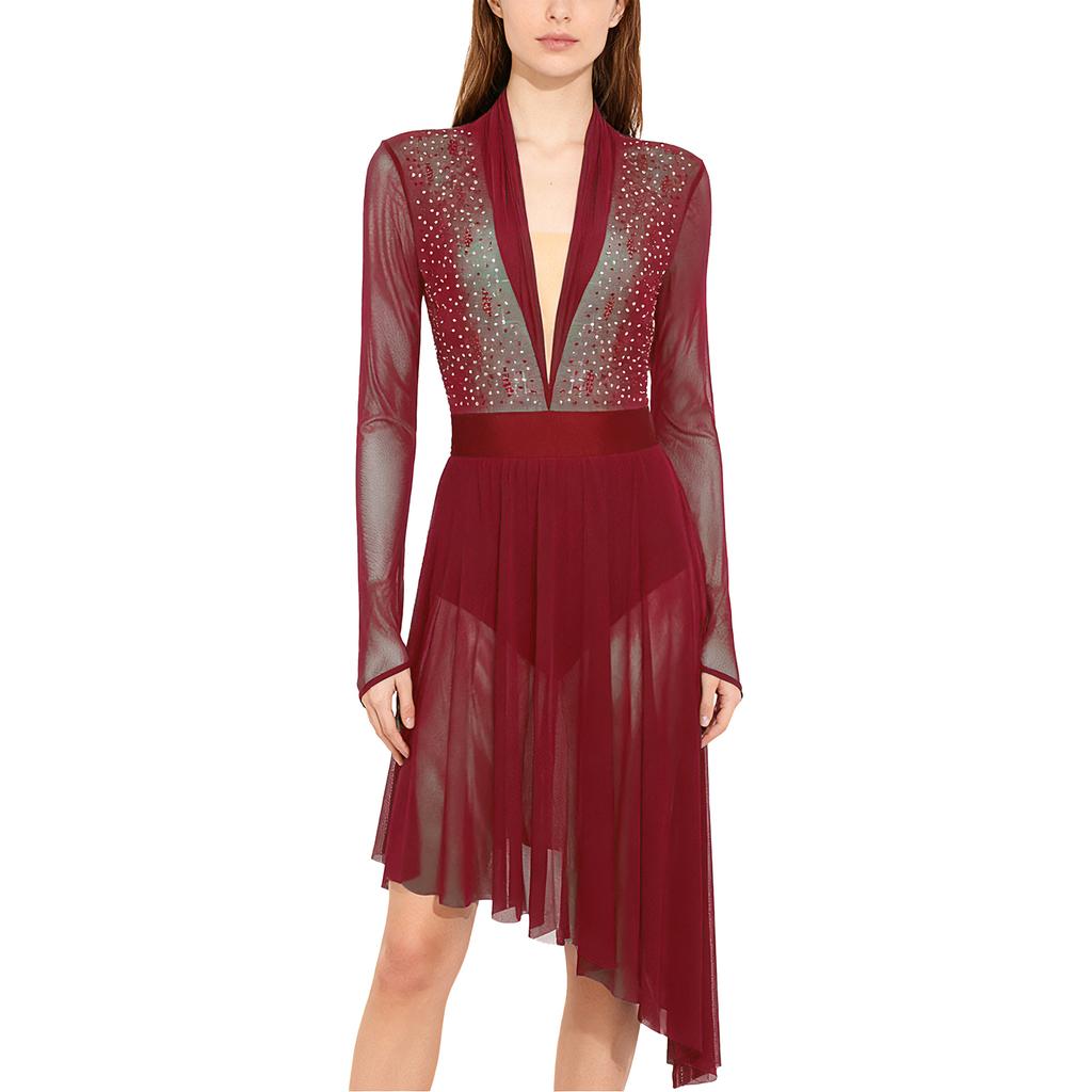 Damen Lyrical Tanzkleid S-XXL: Transparenter Netzstoff Langarm mit glitzernden Strasssteinen & Eingearbeiteten Schrittknöpfen Höschen Rüschen Design