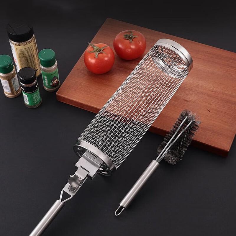 ZISIZ Stainless Steel Detachable Handle Rolling Grill Basket