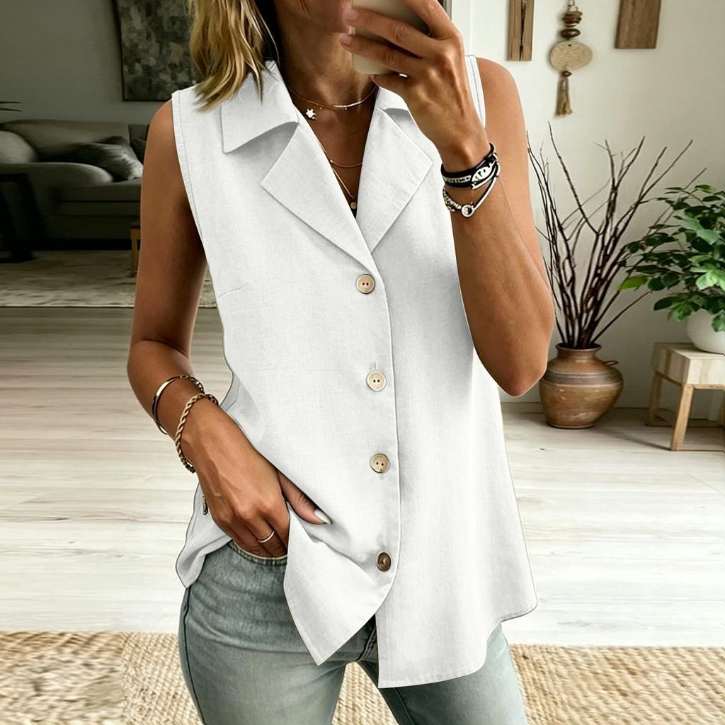 Women's Color V-neck Sleeveless Vest Top Button Inch Shirt