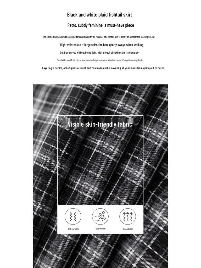 Yifei Women's Retro Plaid Fishtail Skirt, Mid-Length & High-Waisted, 2026 Spring Collection.