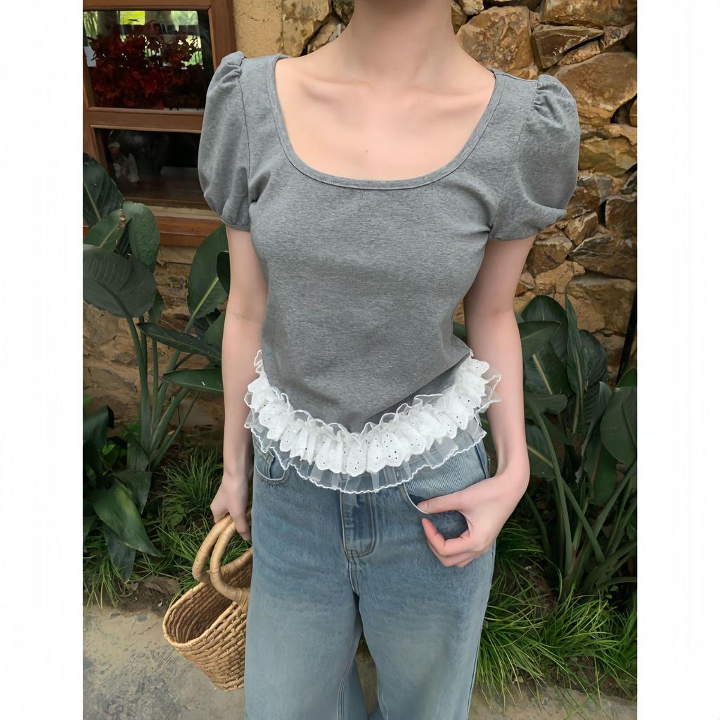 Interpret Beauty Summer 2025 Sweet Lace Trim Slimming Square Neck Short Sleeve T-Shirt S5012