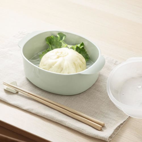&NE Yam Schi Recopo Green, 18.5cm Wide x 13.5cm Deep x 9.2cm Thick, Microwave Steamer, Made in Japan, Ideal for Dim Sum, Dishwasher Safe, Heat and Col