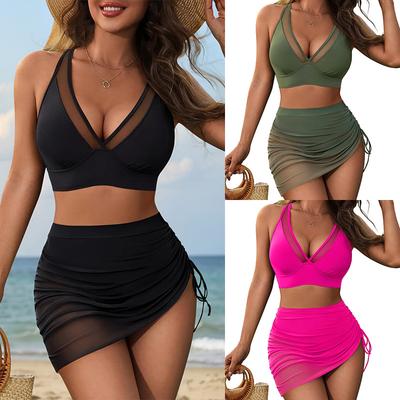 Damen Badeanzüge Schwarz Mesh Spleißung High Waist Badeanzug Set Bikini Set Strandbekleidung Badeanzüge