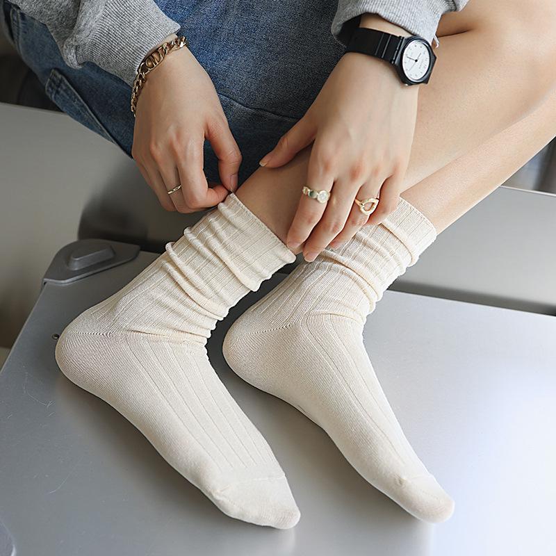 Women's Japanese Style Mid-Calf Double-Needle Combed Cotton Socks - Autumn/Winter Breathable Versatile Solid Color