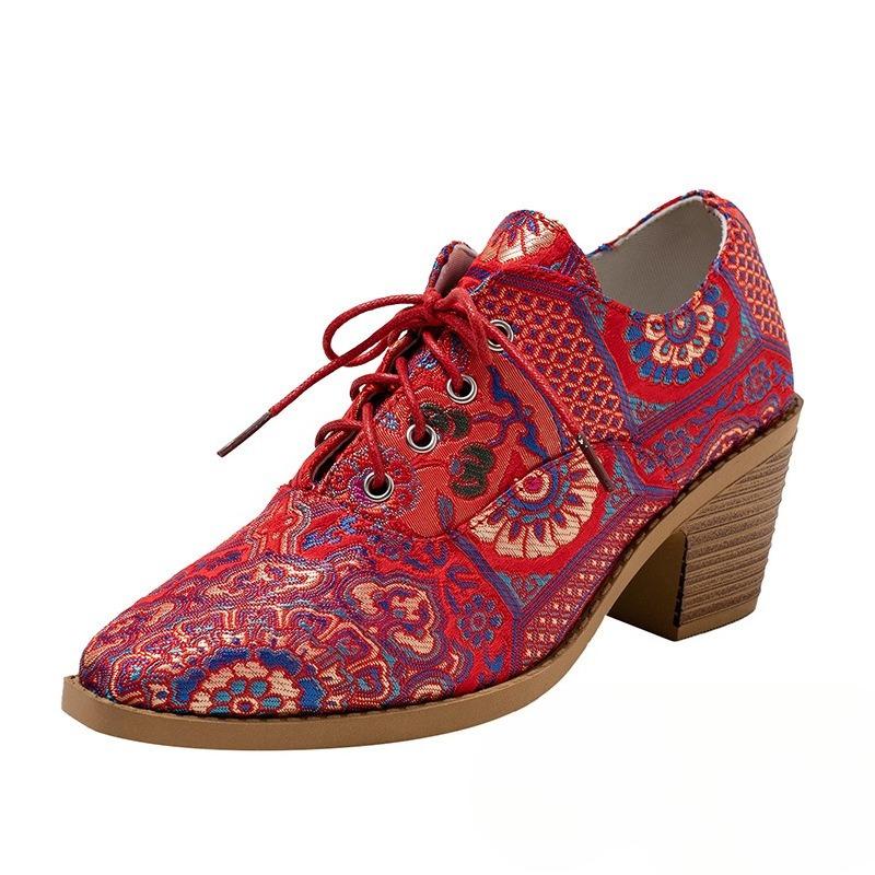 New Style Shoes: Large-sized Pointed-toe Lace-up Single Boots for Women, Lace-up Thick-heeled Ankle Boots for Women