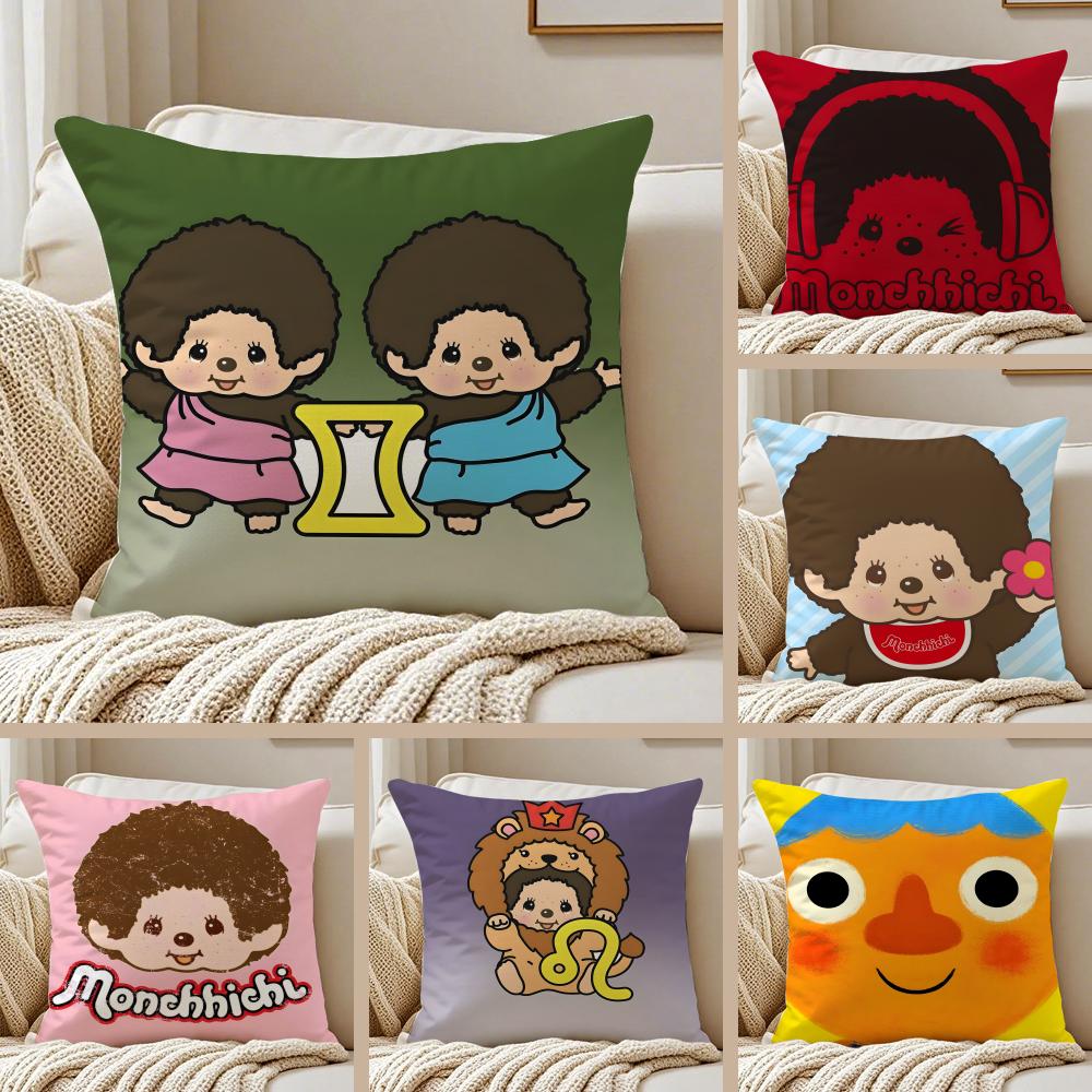Cartoon MMonchhichis Cushion Cover Pillowcase Antidustmite Invisible Zipper Short Plush Sofa Cushion