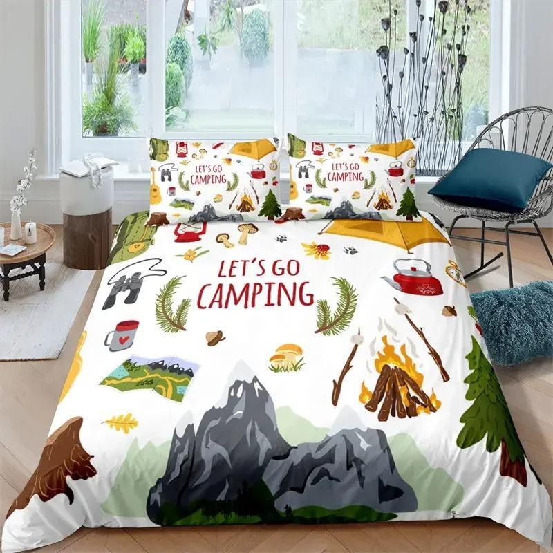 God camping Dynetrekk Queen Tegneserie Campingvogn Campingsengesett Gårdshusstil 3D Bobil Dynetrekk med putetrekk
