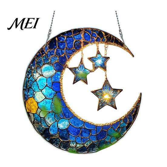 Colorful Glass Suncatcher 2D Acrylic Star Moon Lantern Suncatcher, Crescent Window Hanging Ornament Decoration for Home, Patio, Garden, Ramadan Decor,