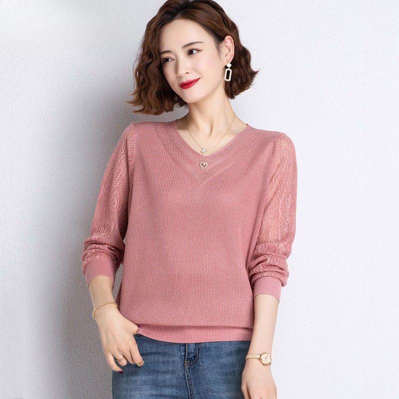 Casual Knitted Sweater for Women Thin and Cut-out Pullover Stylish and Loose Casual V-neck Sweater