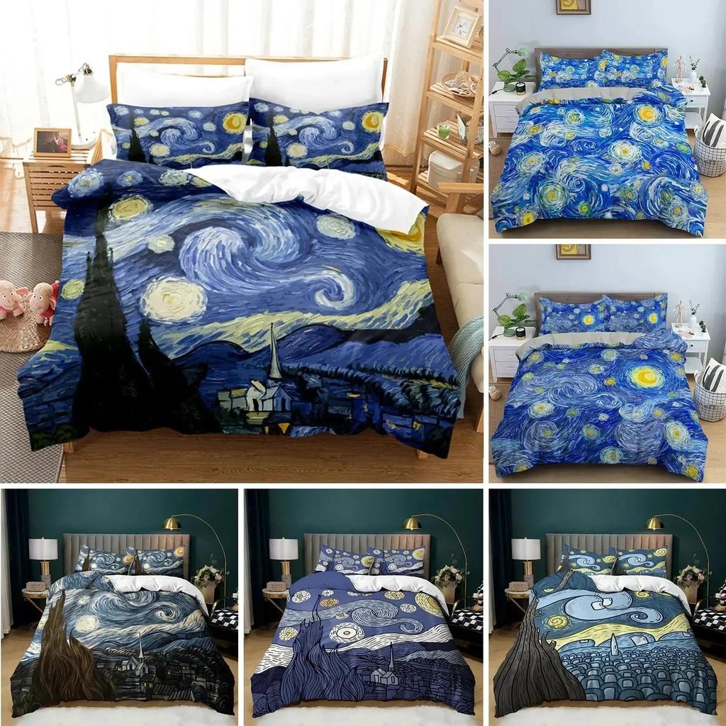 Sternennacht Van Gogh Bettbezug-Set Queen-Size, Ölgemälde Berühmte Moderne Klassische Himmel Stern Kunst, Dekoratives 3D-Bettwäscheset