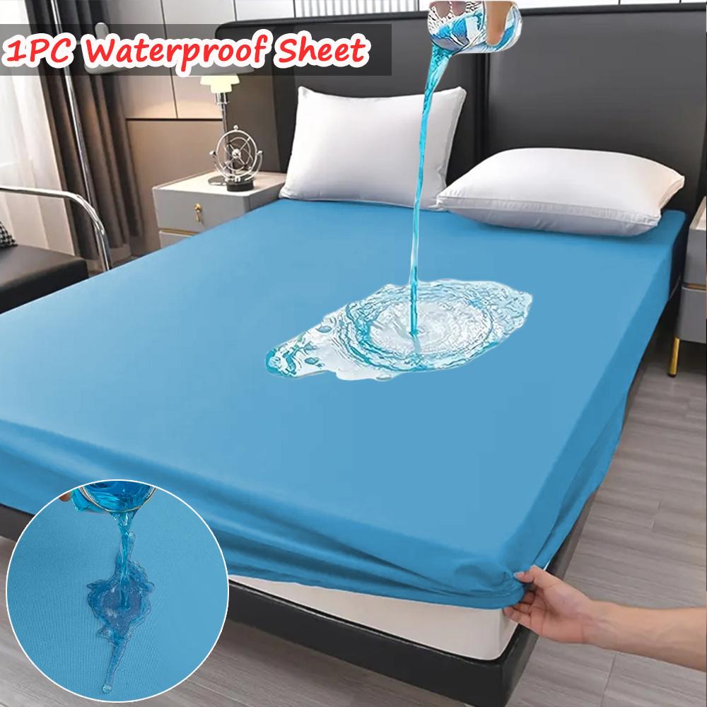 Super Waterproof Fitted Sheet Solid Color Non-Slip Mattress Protector Cover Comfortable Bedding with Elastic Band Deep Pocket