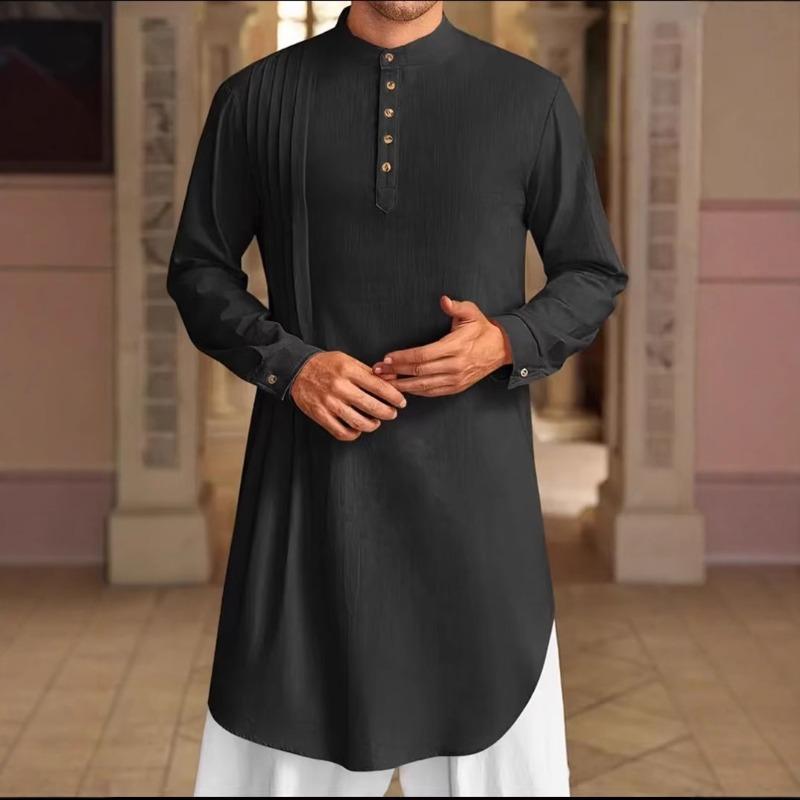 New-style plain-coloured cotton-linen button-down long-sleeved casual shirt for Muslim men