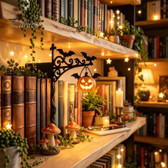 Bat Shaped Decorations Library Lantern, Mini Decorative Bookshelf Lamp, Spooky Pumpkin Ghost Hat Reading Nook Atmosphere Lights for Study LED