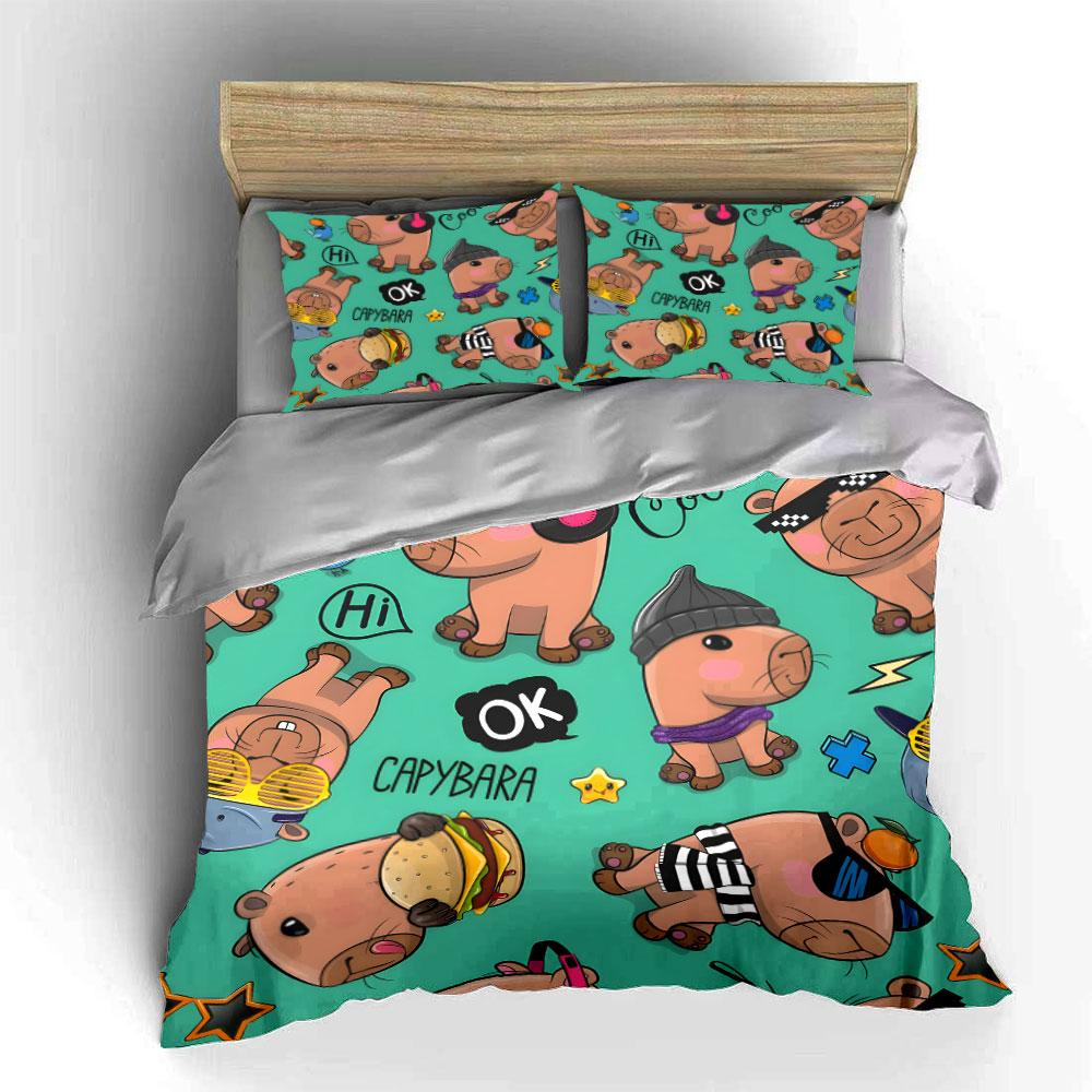 Cute Capybara Cartoon Pattern Bedding Duvet Cover Set (1*Duvet Cover 2*Pillowcases, Without Duvet Insert)