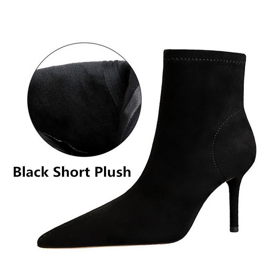 Winter New Ankle Socks Shoes Women Pointy Toe Flock Concise Short Boots Winter Slip On Zip High Heels Office Botas De