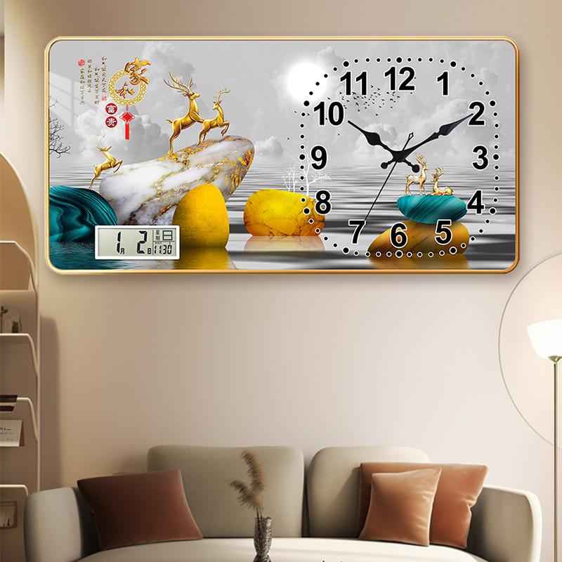 Creative Rectangular Wall Clock Living Room Crystal Porcelain Painting Wall Quartz Clock Silent Home with Calendar Silent Restaurant Clock