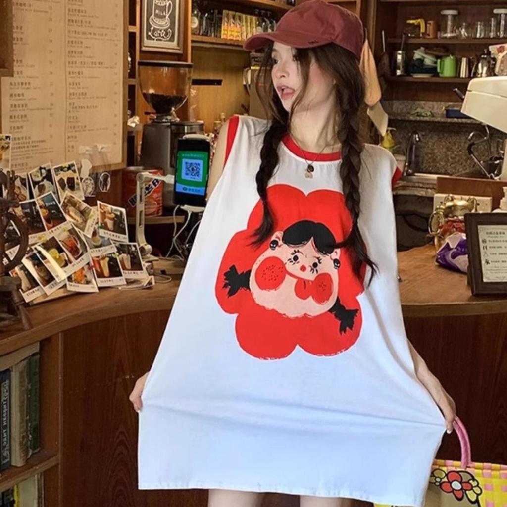 In Summer, the New Sweet and Spicy Style Contrasting Colors Medium and Long Dresses Have a Loose Design Sense, Sleeveless Vest T-shirt Skirt.