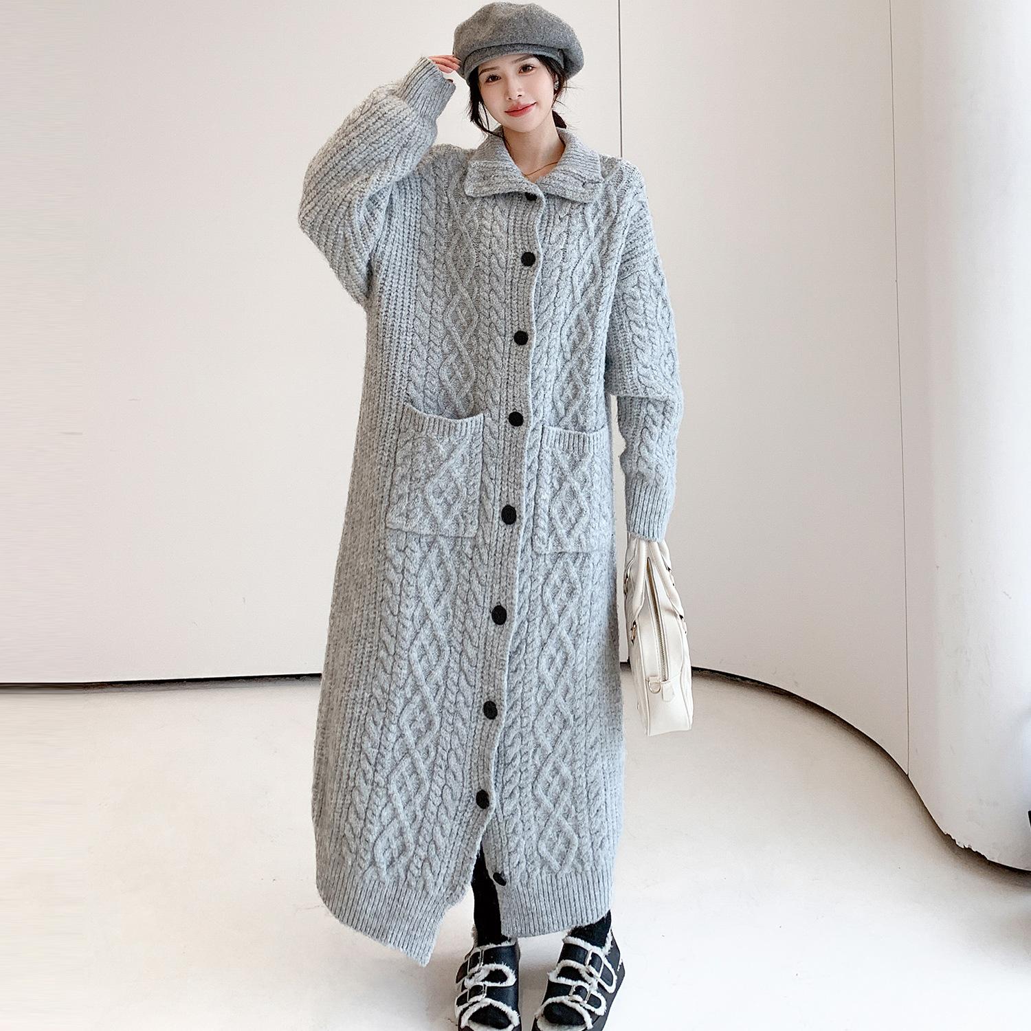 

Уличная одежда Длинный вязаный кардиган Женский свитер большого размера Пальто Корейский однобортный трикотажный жакет Зимние толстые повседневные джемперы XL серый
