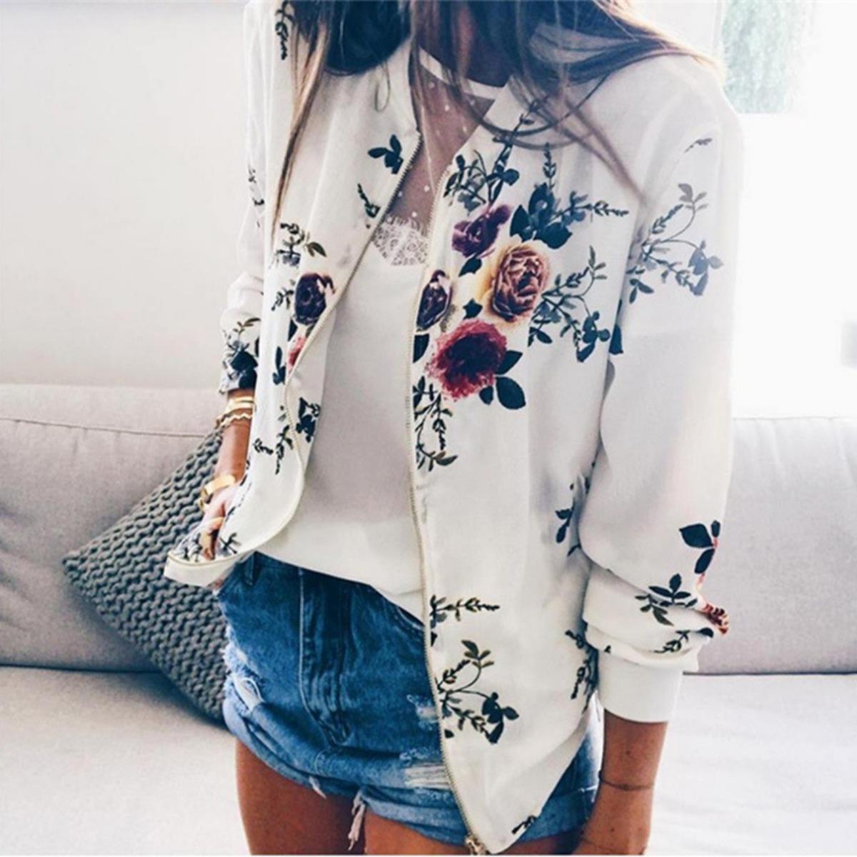 Women s Floral Print Zip Up Bomber Jacket Long Sleeve Casual Stand Collar Baseball Coat S белый