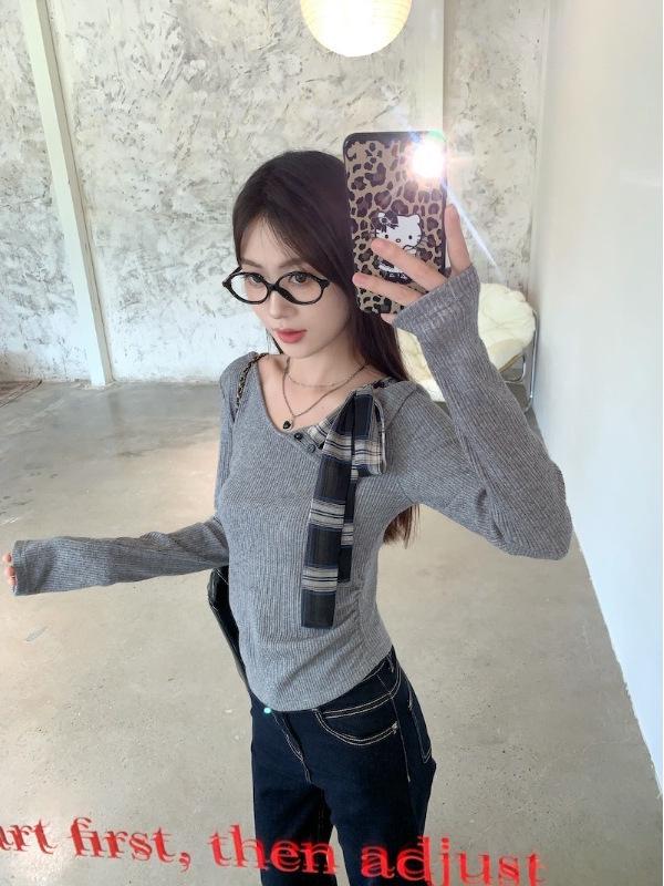 Chic Korean Grey One-Shoulder Bow T-shirt for Women - Sweet and Spicy Spring/Autumn Style