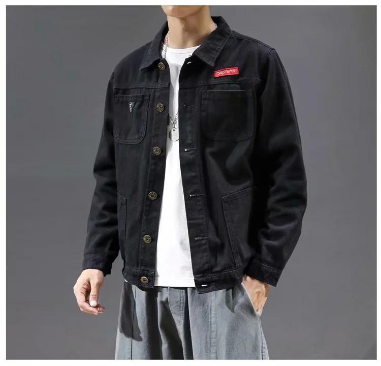 

Мужская джинсовая куртка с капюшоном - Колорблок, корейский стиль, свободный крой L (Height 170/Weight 125)