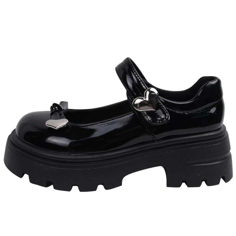 

French bow thick heel platform small leather shoes women s 2025 new height-increasing skirt Velcro Mary Jane single shoes 40 чёрный