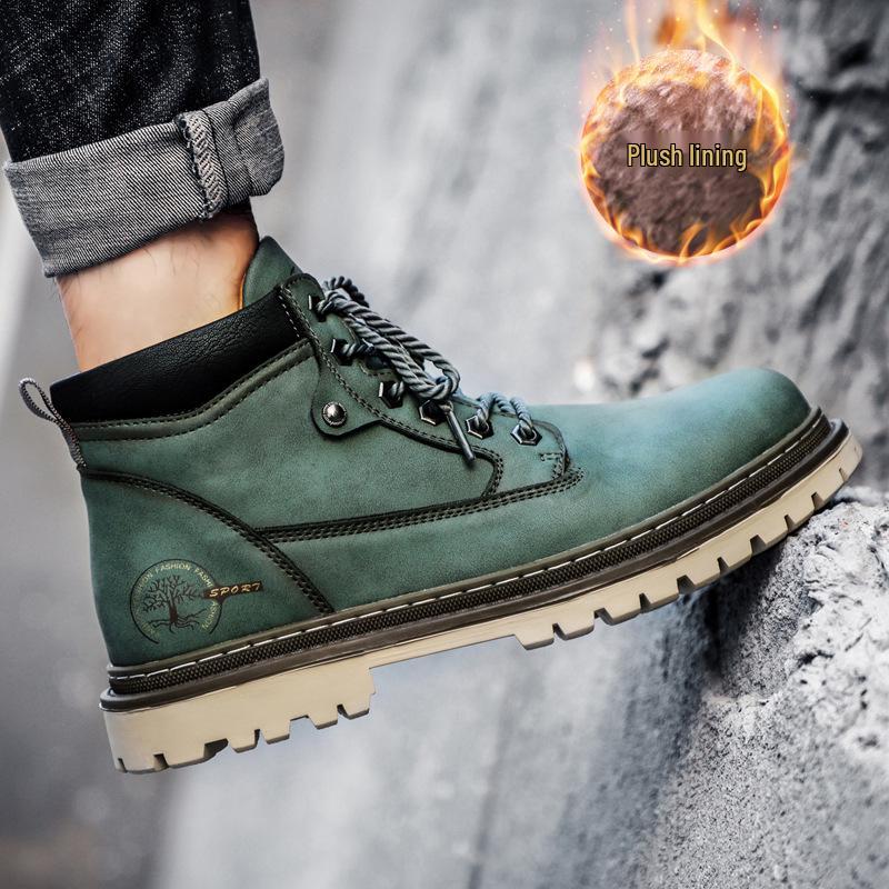 Men's Fleece-Lined Martin Boots, High-Top Leather Work Boots, Non-Slip, British Casual, Wear-Resistant, Large Sizes Available
