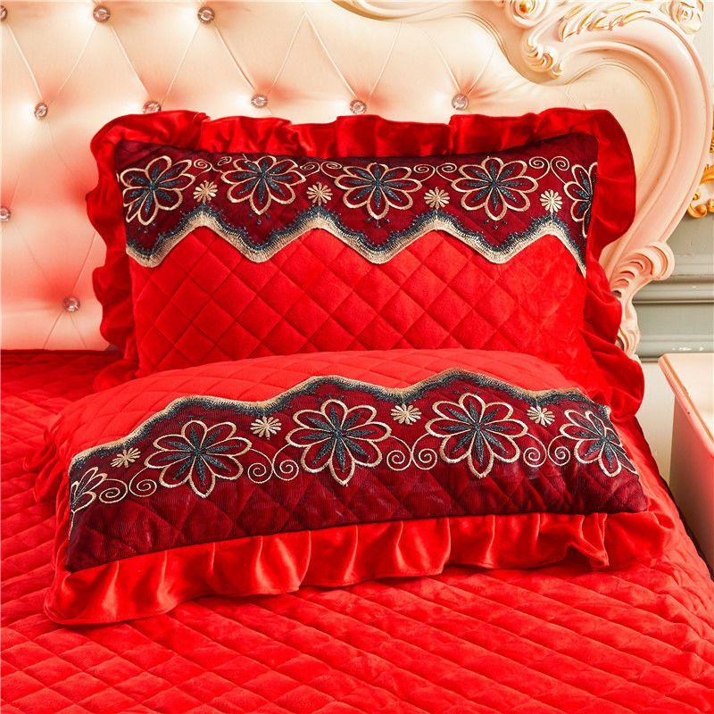 2pcs Velvet Pillow Case Luxury 48x74cm Pillow Cover Quilted Lace Bed Decorative Rectangle Pillow Shams Warm Solid Color