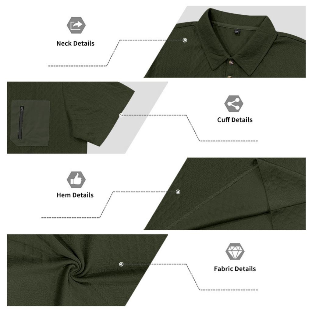 Men's Jacquard Casual Loose Fit Business Short Sleeve Polo Shirt with Collar Pocket and Zipper Detail Suitable for Daily Wear