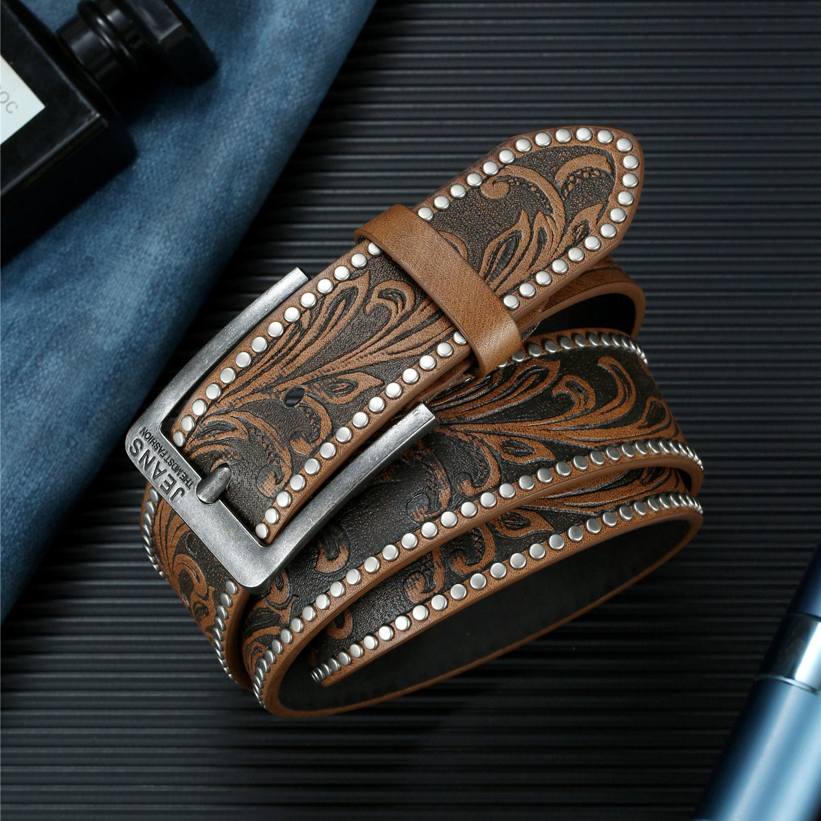 

Повседневный мужской ремень в стиле панк с гвоздями из ивы, простая индивидуальность и ощущение высокого класса, декоративный ремень для джинсов с бисером 120cm хаки