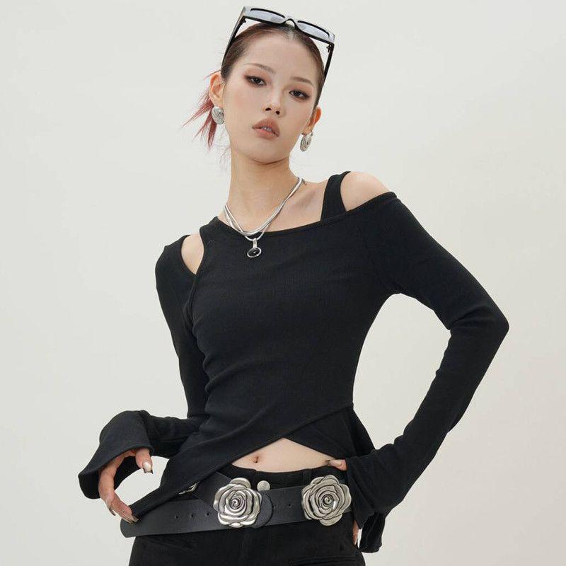 

Осенне-зимний пикантный женский укороченный топ с длинным рукавом, облегающий, двухпредметный L