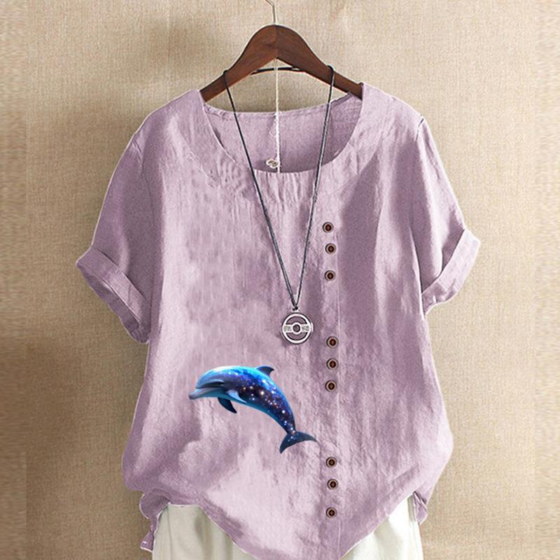 Women's Fashion Round Neck Short Sleeve T-shirt Casual Cotton Linen Graphic Shirt Dolphin Prined Summer Blouse Tops Plus Size