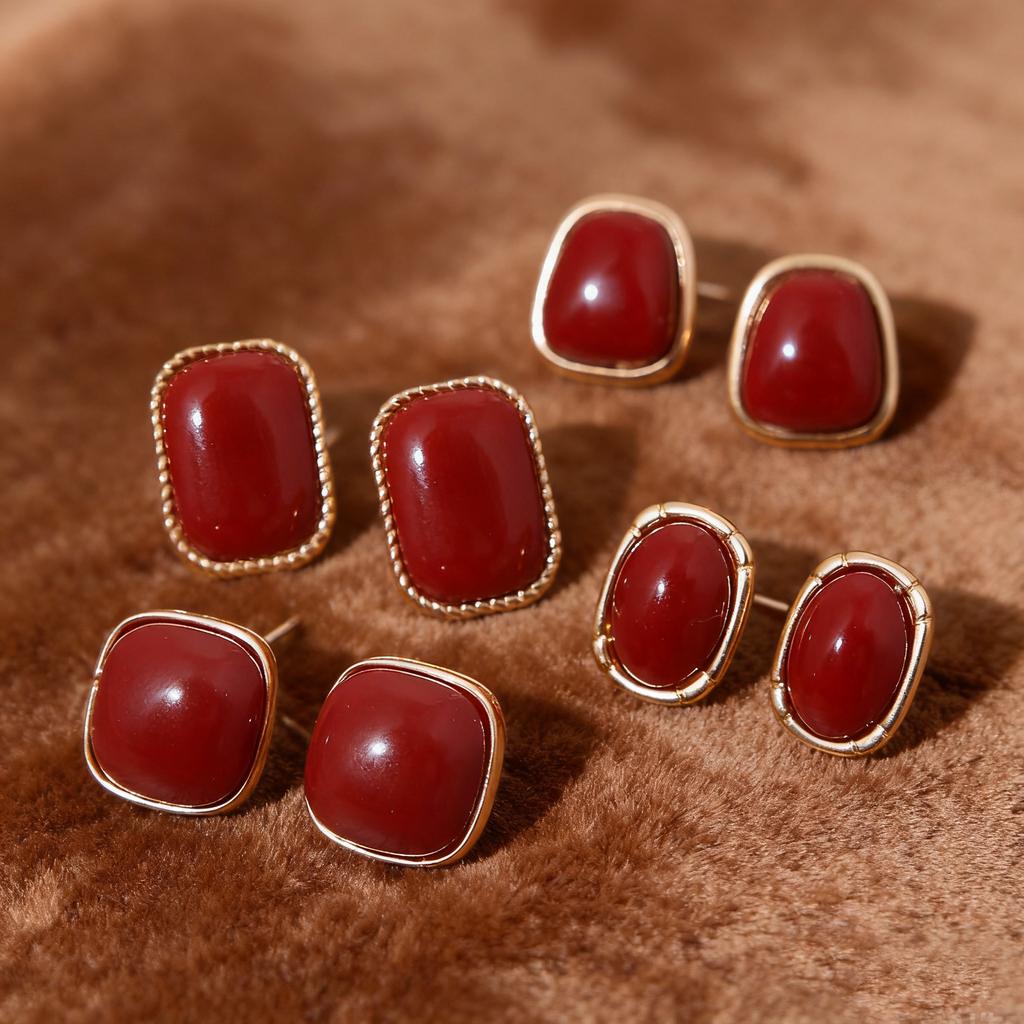 2026 New Retro Enamel Wine Red Metal Stud Earrings for Women Fashion Geometric Earrings Elegant Wedding Jewelry Accessories