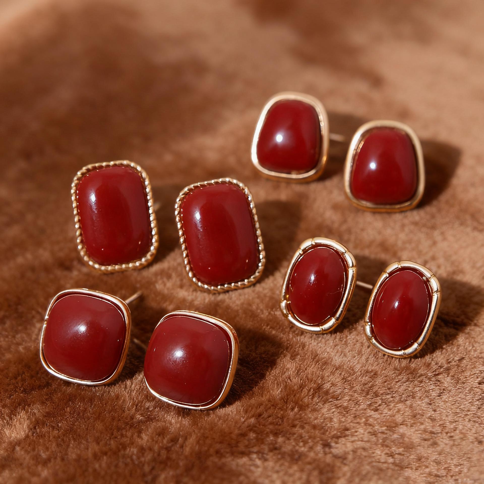 Hot-selling classic geometric square stud earrings set, retro simple earrings, red New Year s earrings.