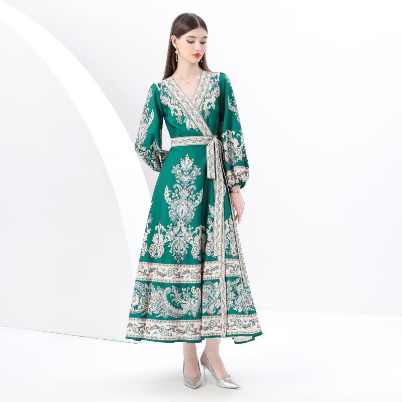 Spring Summer Women V-neck Big Size Vintage Print Lantern Sleeve Midi Lace-up Party Dresses Robe