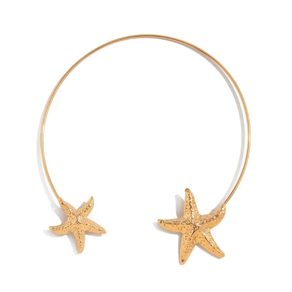 Gold Color Open Torque Necklace Metal Choker Necklace Starfish Shell Pendant Necklace  Beach