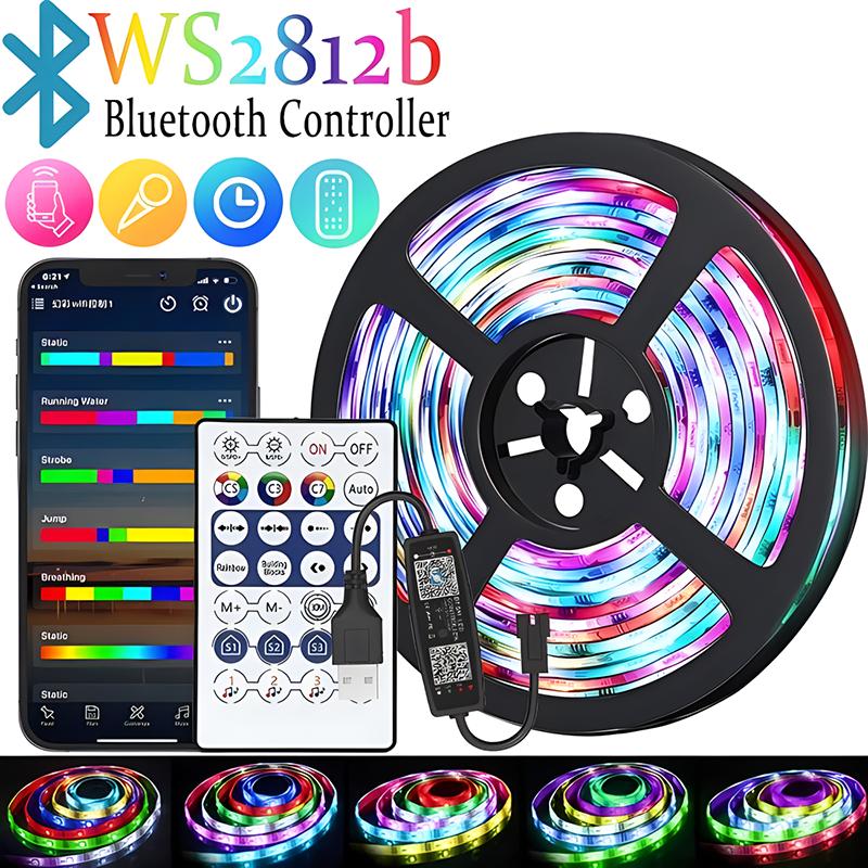 

USB 5V Светодиодная лента WS2812B Управление через Bluetooth-приложение RGBIC WS2812B Умный RGB-свет Рождественская вечеринка Спальня Кухня Декоративная лампа 5M